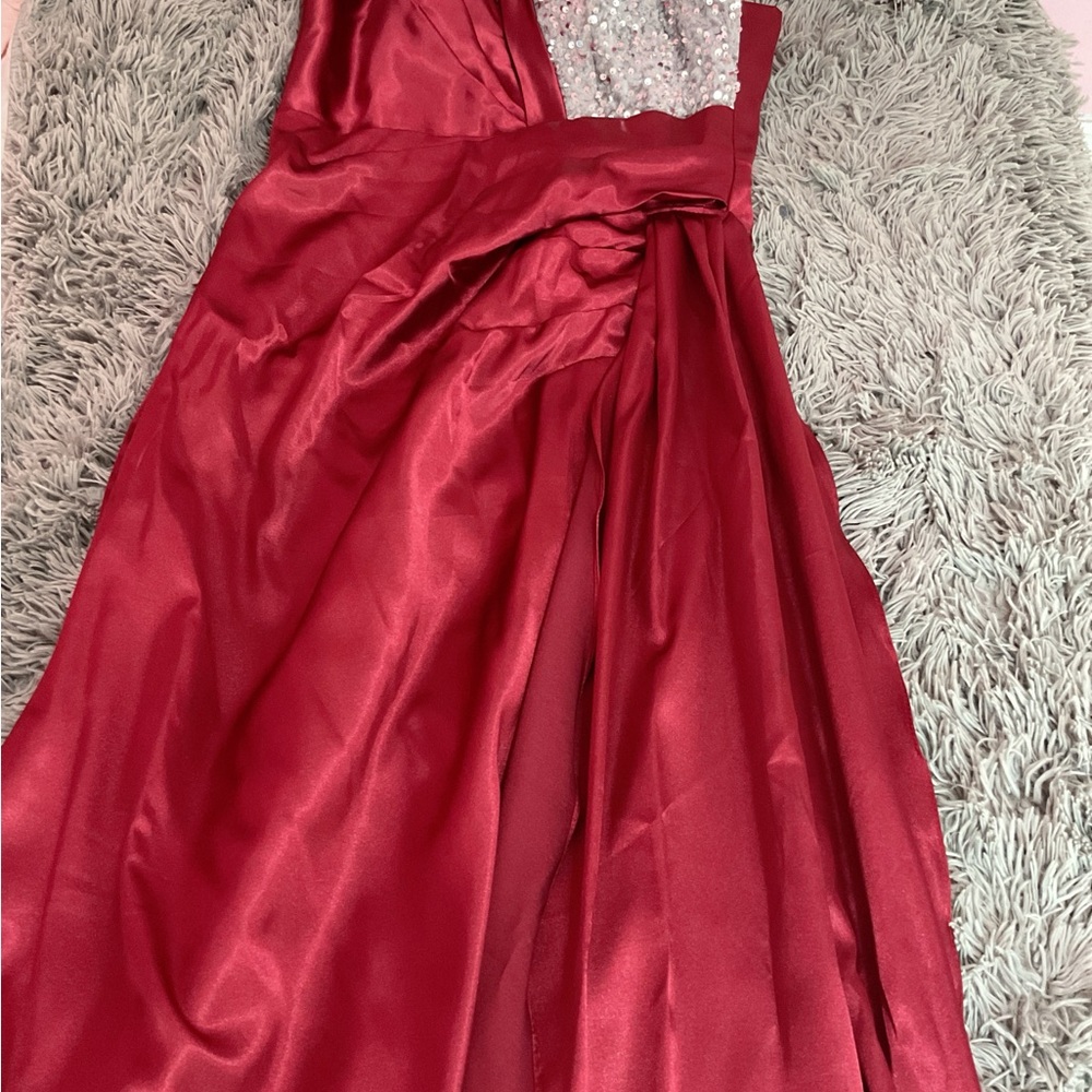 Elegant Red Satin Gown with Beaded Bodice